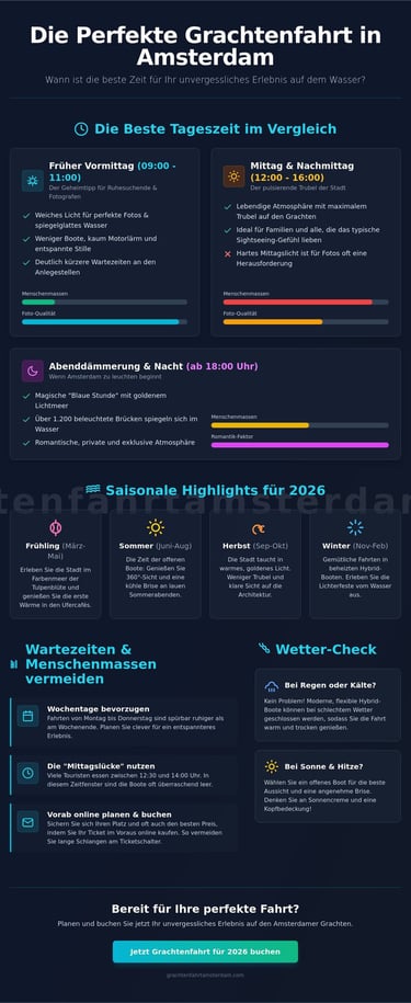 Infografik zur besten Zeit für eine Grachtenfahrt in Amsterdam mit Tipps zu Wetter und Saison.