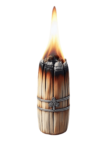 a burning candle with a wooden barrel of wood