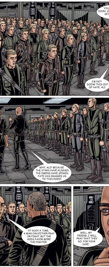 Art of futuristic soldiers standing in rows inside a barracks.