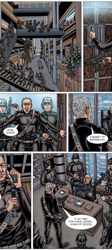 Art showing futuristic soldiers running through a large complex.