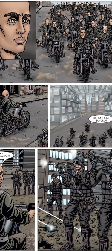 Art showing futuristc soldiers riding on motorcycles through a futuristic city.