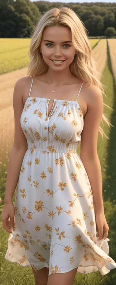 a woman in a white dress standing in a field