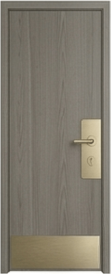 Modern grey wood grain interior door with a brushed gold handle and kick plate.