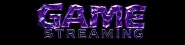 "Text 'GAME STREAMING' on a black background: 'GAME' with a purple-blue crystal effect, and 'STREAMI