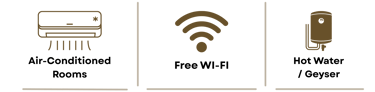 Gold icons for air conditioning, free Wi-Fi, and hot water heater amenities on a black background.