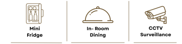 Gold line icons representing hotel amenities including a minibar, room service cloche, and security camera.