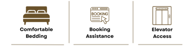 Gold hotel icons for bed, online booking, and elevator access on a dark background.