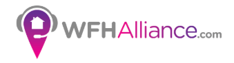 WFHAlliance.com logo featuring a purple map pin icon with a house and headset for remote work.
