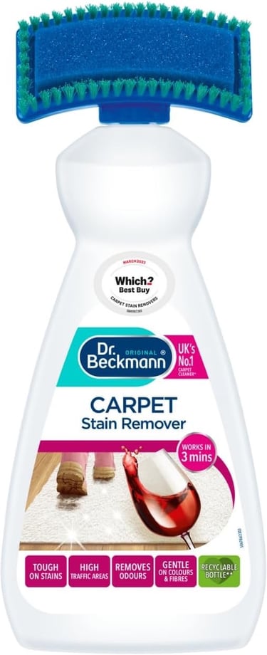 a bottle of carpet cleaner with a cleaning brush