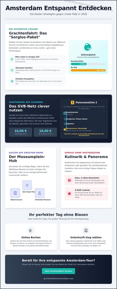 Infographic about visiting Amsterdam with travel tips for canal cruises, GVB public transport, and sightseeing without