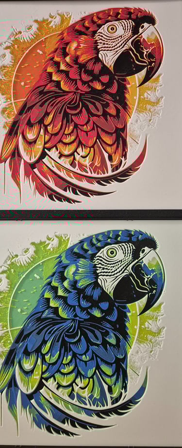 3D printed parrot art panels in different color styles.
