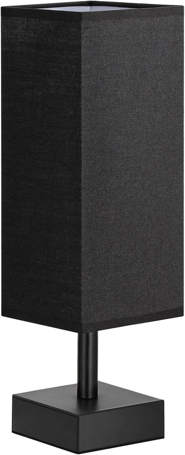 Modern minimalist table lamp featuring a black fabric square shade and matching metal base.