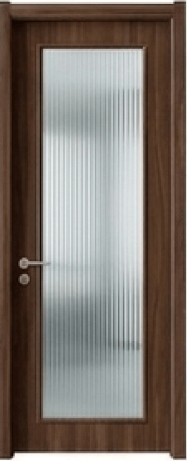 Modern walnut interior door with a large vertical fluted glass panel and silver handle.