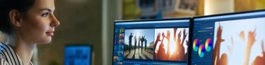 Female firm editor works on a production funded after using Stelarator's marketplace tools