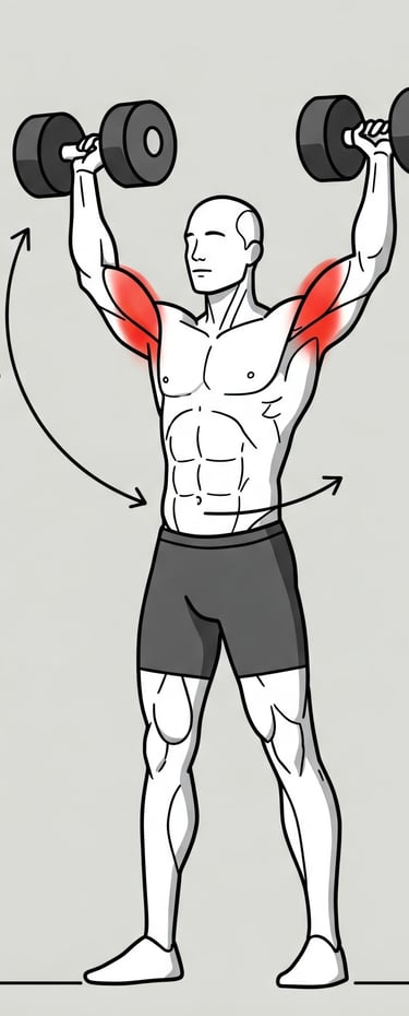 Ilustración lineal en blanco y negro de una persona realizando un press militar con mancuernas