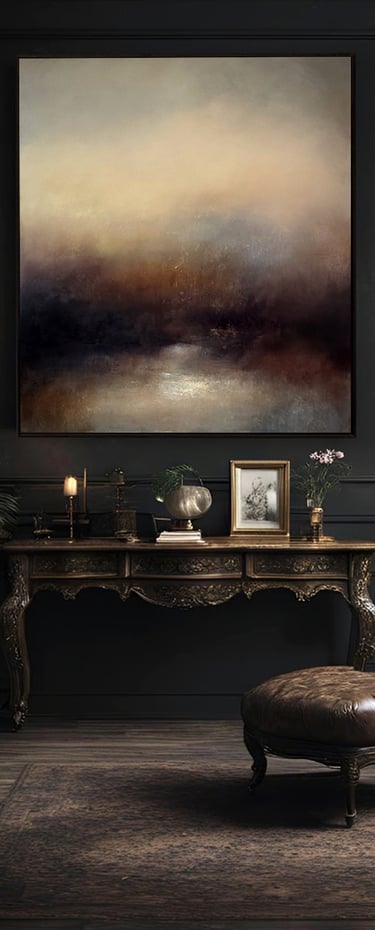 A large framed abstract landscape painting by the British contemporary artist Kerr Ashmore framed & hung above console table
