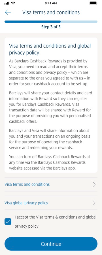 Step 3 of the journey is signing up to Terms and conditions.