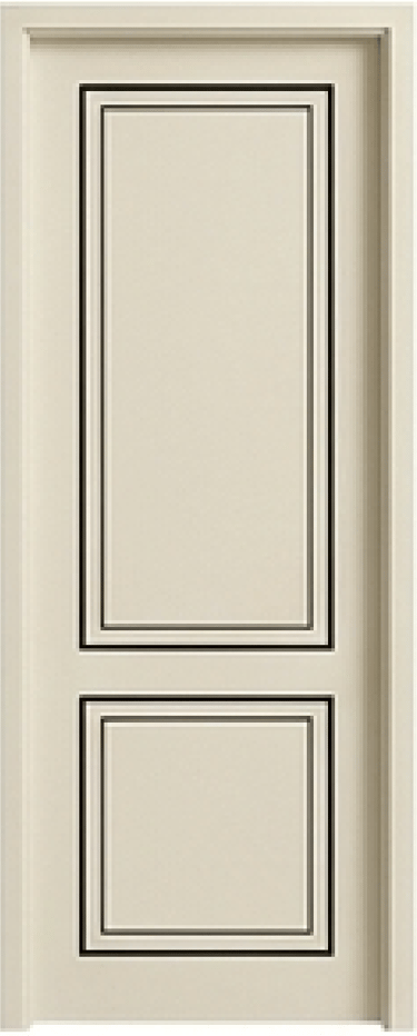 Elegant cream-colored interior door featuring a two-panel design with decorative black molding accents.