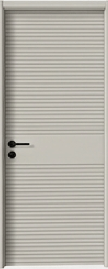 Modern grey interior door featuring a horizontal Slatted Painted Door and a sleek black handle.
