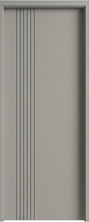 Modern light grey interior door featuring minimalist vertical grooved lines.