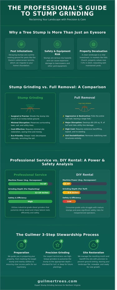Infographic on professional stump grinding services in Falls Church, VA with a complete homeowner guide.
