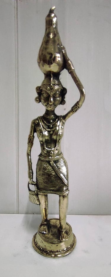 "Tribal Woman with Tumba-Brass Handcrafted Art-Front View-for worldwide trade"