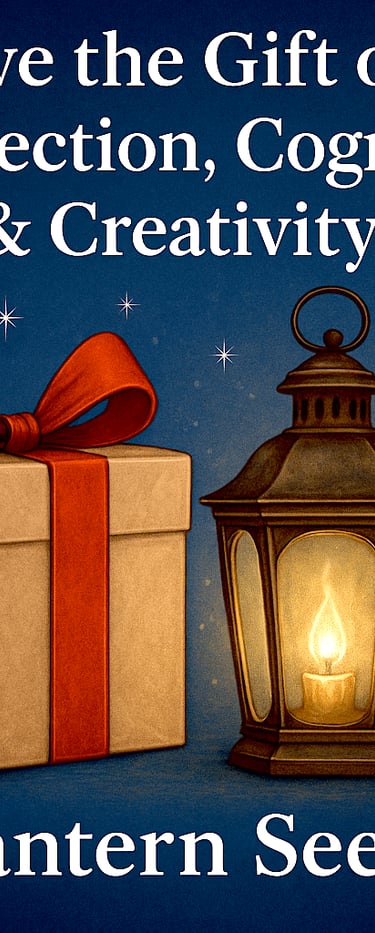 Gift box with red bow beside glowing lantern against starry night sky