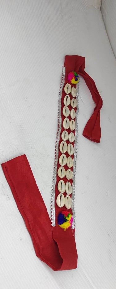 "Cloth forehead headband with natural shells–handmade tribal-style accessory,red-for global shipment"