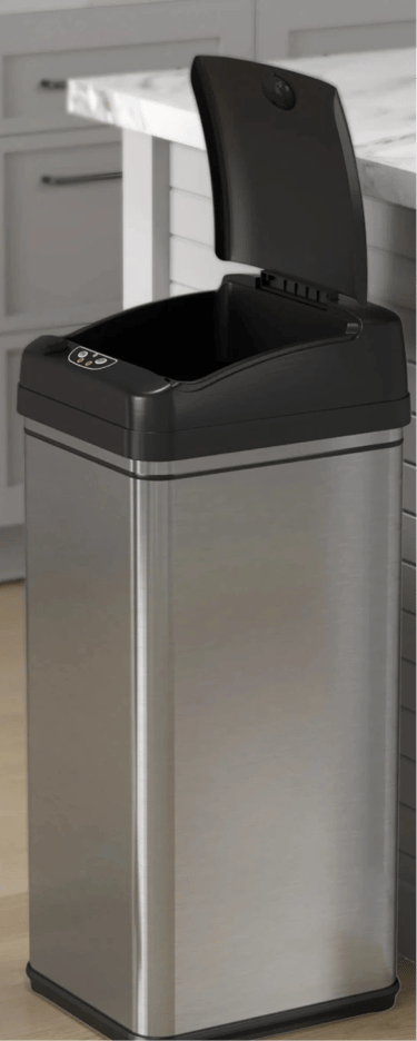  A stainless steel trash can with an open black lid.