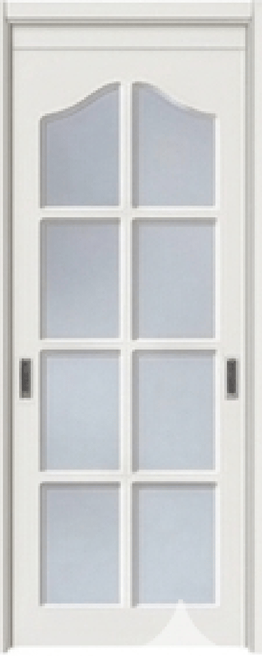 White interior sliding pocket door with an 8-panel arched glass lite design.