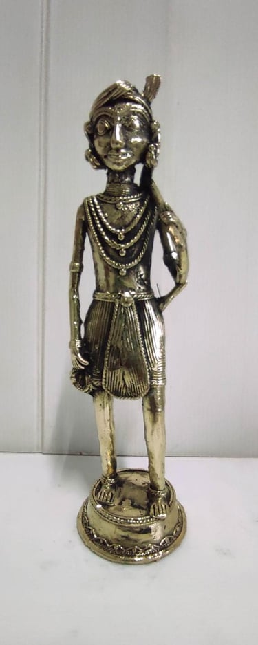 "Handcrafted Brass Tribal Man with Axe on Shoulder–Front View-Going abroad"