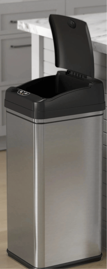  A stainless steel trash can with an open black lid.