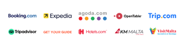 Logos for travel booking sites including Booking.com, Expedia, Agoda, TripAdvisor, and Hotels.com.