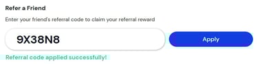 Screenshot of checkout process showing the referral code had been applied successfully.