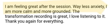 Client email testimonial describing feeling less anxious, calm and grounded after an RTT session