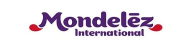 Official Mondelez International corporate logo featuring purple text and red accent swooshes on a white background.