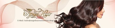 Angel Hair wavy dark brown hair extensions and hairpieces banner with contact email.