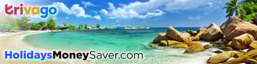 Trivago on Perfect Beach with Golden Sand and Blue Sky, with Trees and Beach Huts in the Background