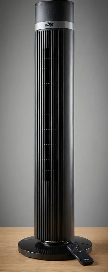 Sleek black Wap vertical tower fan with remote control on a wooden surface for home cooling.
