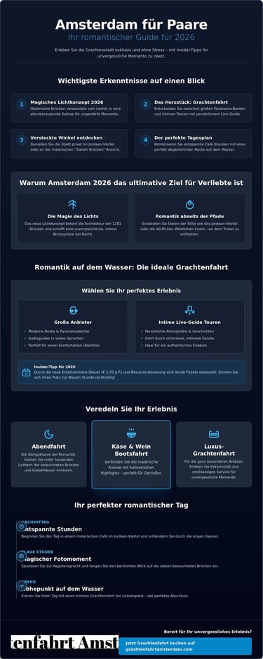 Infographic about romantic Amsterdam canal cruises for couples featuring boat tour options and travel tips.