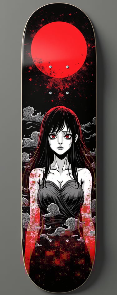 Custom anime skateboard deck featuring a gothic girl with red eyes and a large crimson moon graphic.