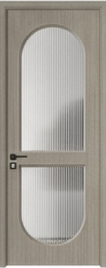 Modern grey interior door with an arched reeded glass window and black lever handle.