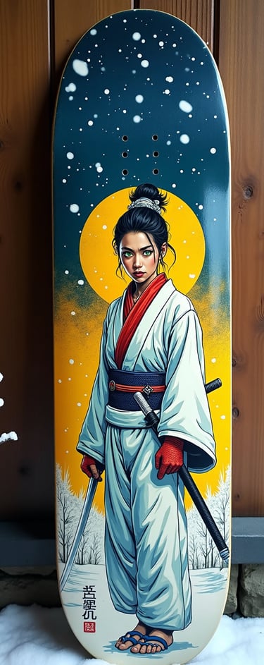 Custom skateboard deck featuring a female samurai warrior in a snowy landscape with a yellow moon.