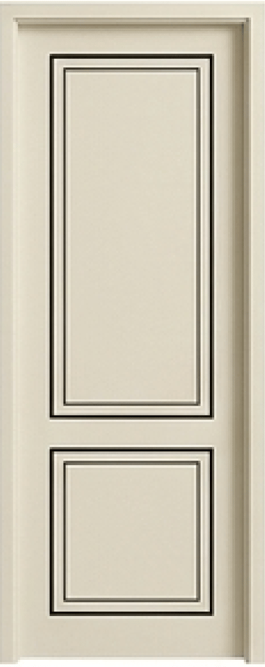 Elegant cream-colored interior door featuring a two-panel design with decorative black molding accents.