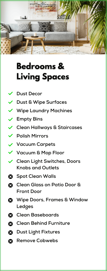 basic berdoom and living spaces cleaning service, dusting vacuum and mop