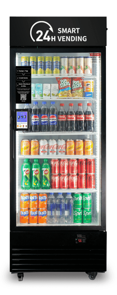 a refrigerator with a display case and drinks