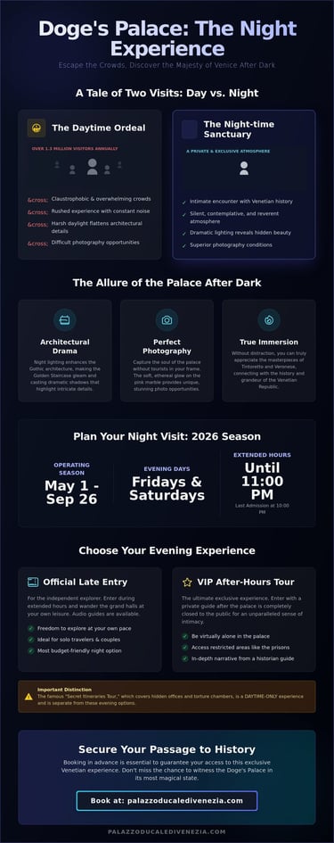 Infographic comparing daytime visits to night tours at Doge's Palace in Venice with 2026 season hours and booking details.