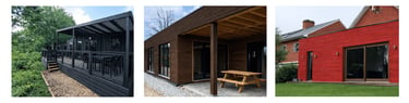 Peinture naturelle inpiree de la peinture suedois a la farine pour le bois exterieur exemple sur trois batiments