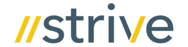 Strive company logo featuring yellow slashes and grey lowercase typography.