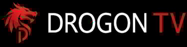 Drogon TV logo featuring a red dragon head icon and white and red typography on a black background.